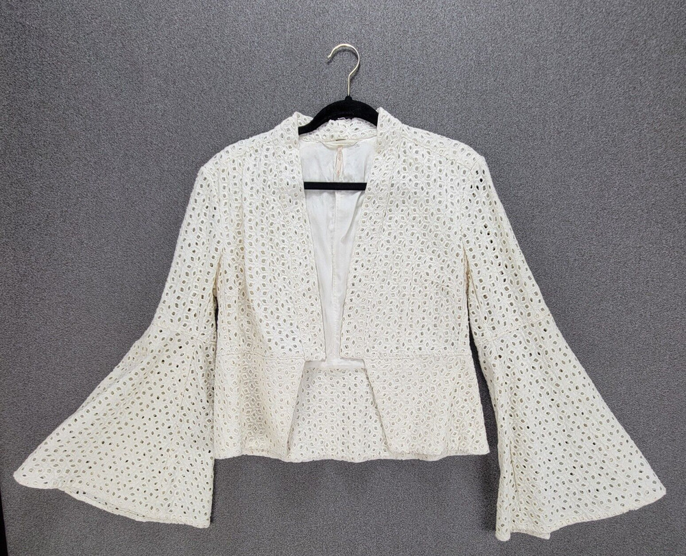 Free People S Ivory Eyelet Lace Up Circle Sleeve Jacket Boho Festival